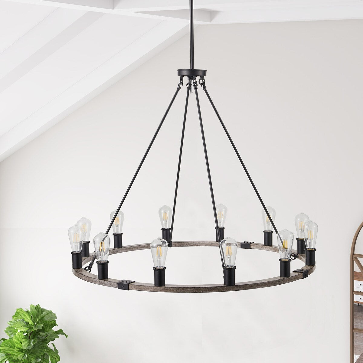 Industrial Black 12-Light Wagon Wheel Farmhouse Chandlier Fixture