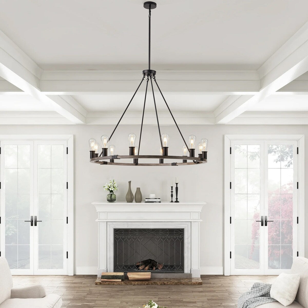 Industrial Black 12-Light Wagon Wheel Farmhouse Chandlier Fixture