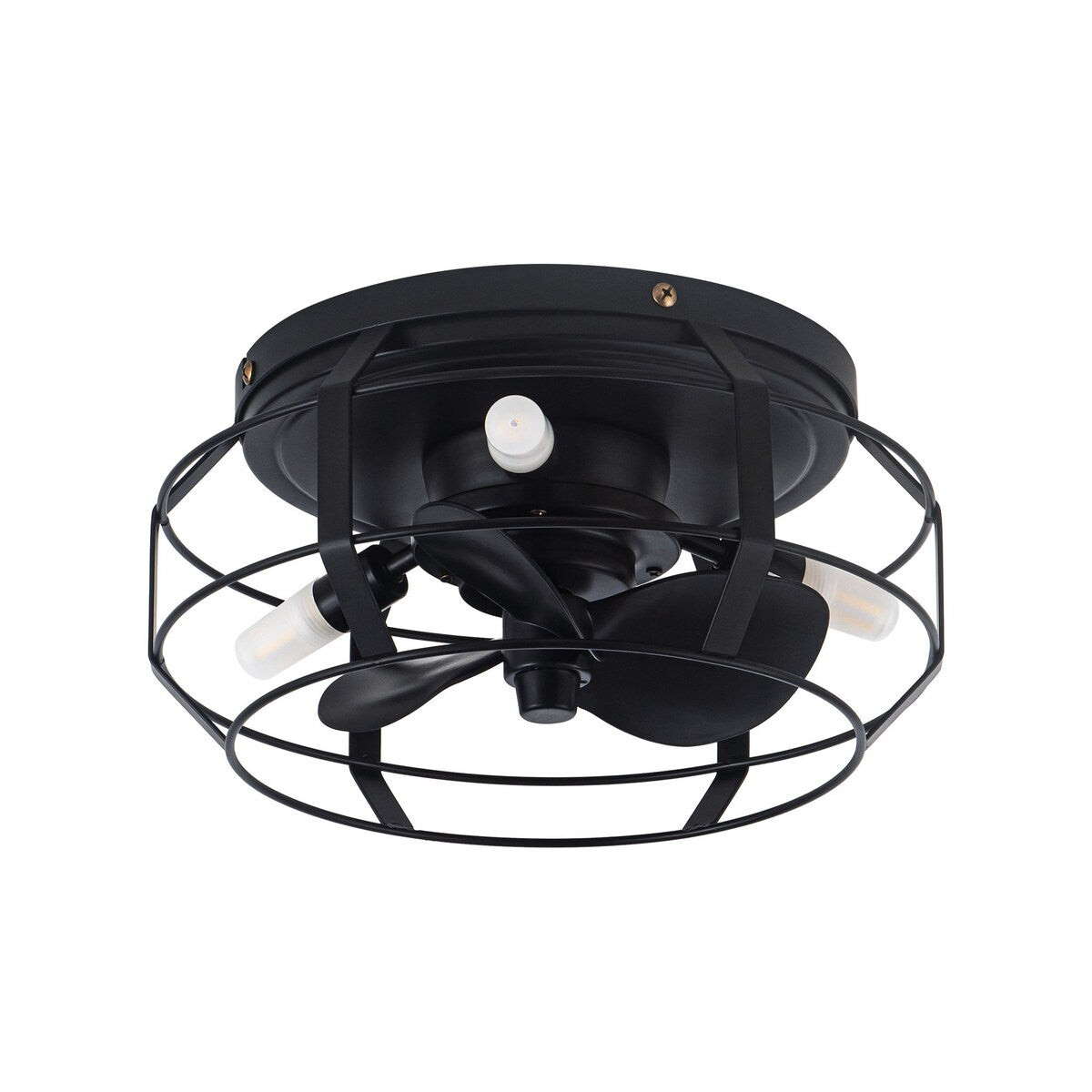 12" Black Industrial Caged Flush Mount Ceiling Fan with Lights and Remote