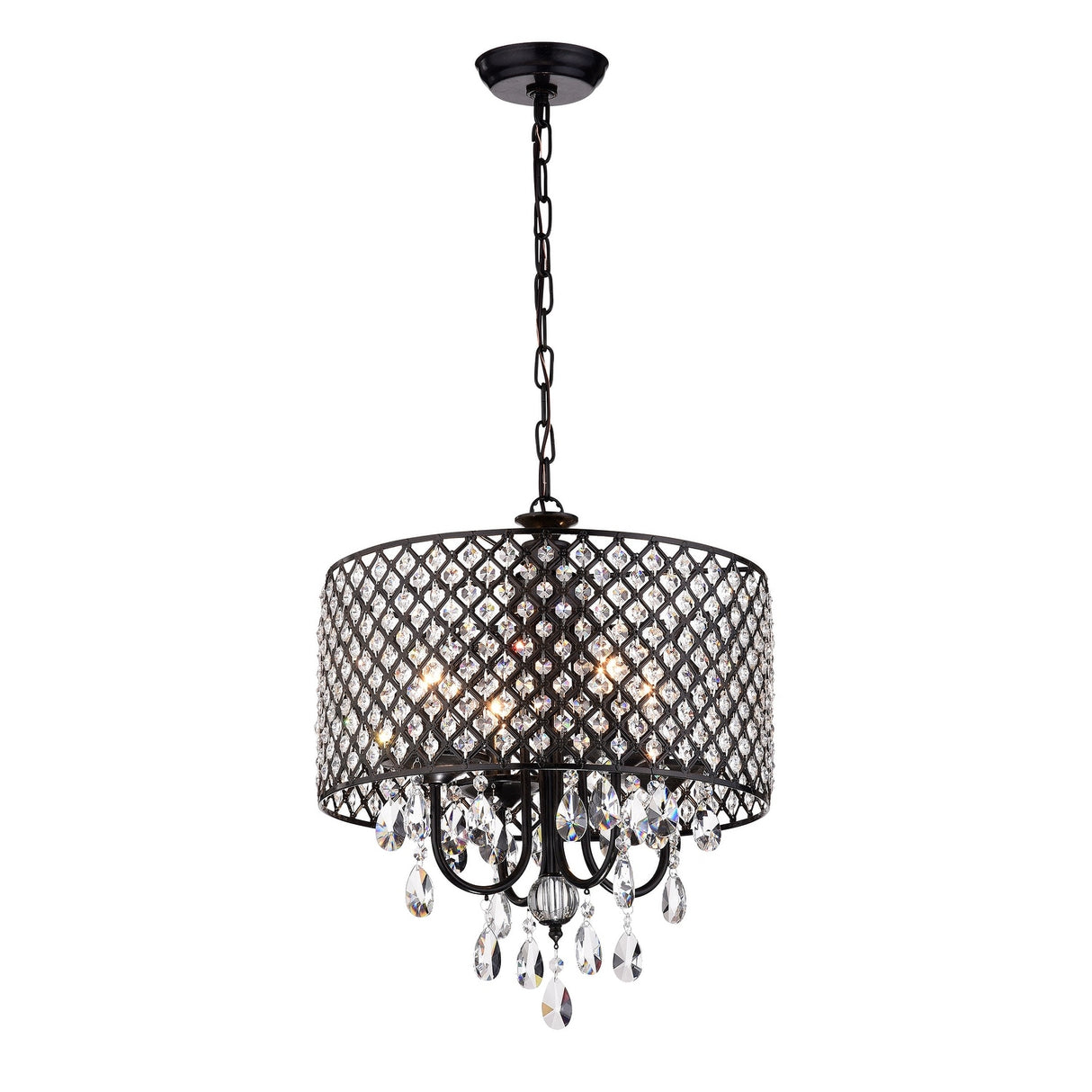 Black 4-Light Round Beaded Drum Chandelier with Crystals Hanging