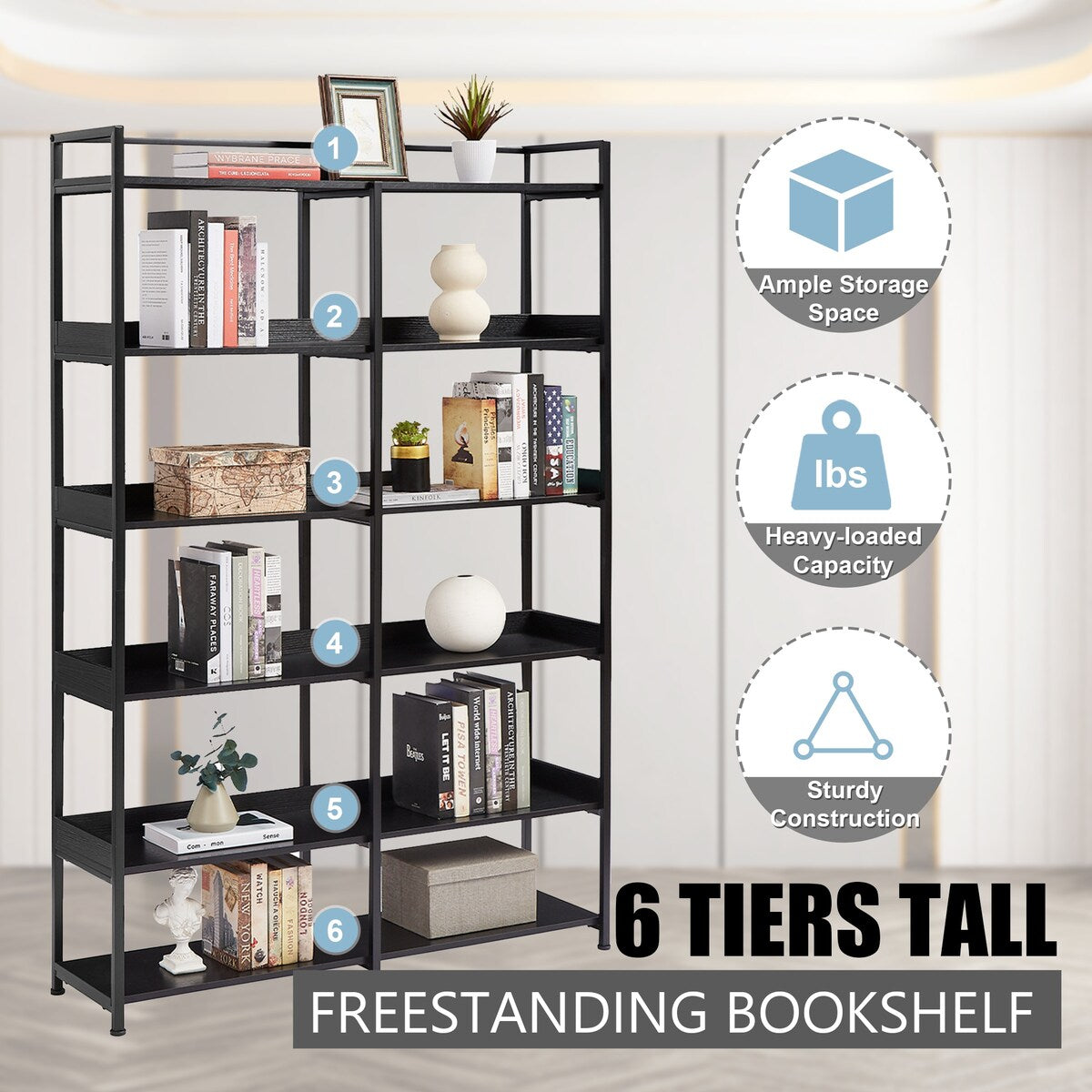 Black 70''H Tall Bookshelf 6-Tier Storage Open Shelves