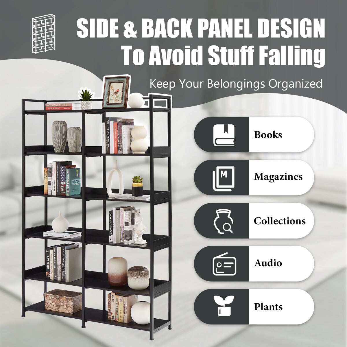 Black 70''H Tall Bookshelf 6-Tier Storage Open Shelves