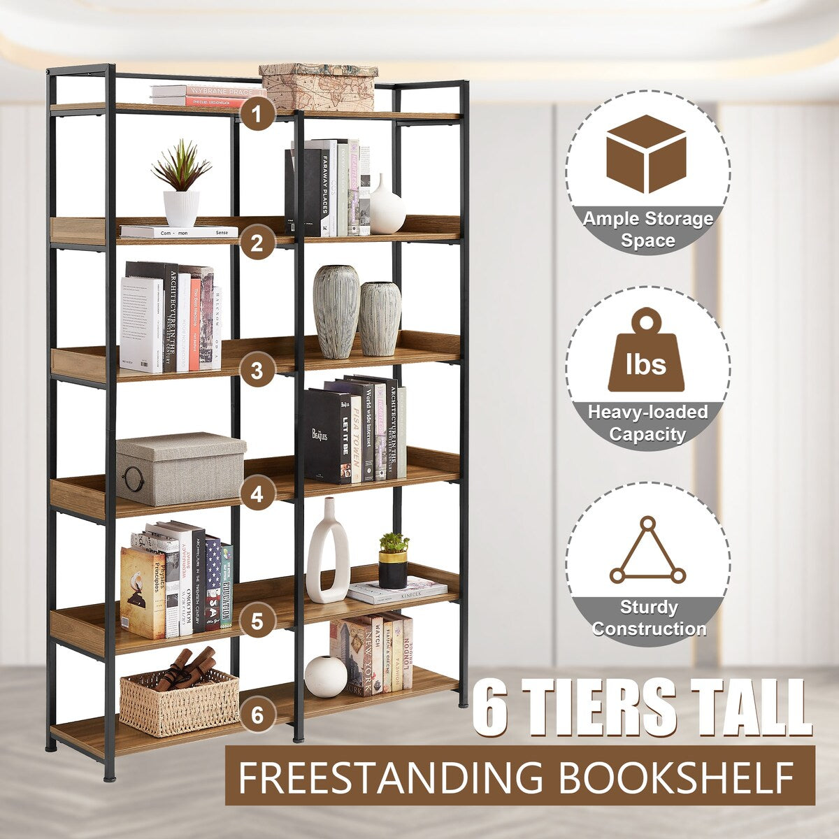 Black 70''H Tall Bookshelf 6-Tier Storage Open Shelves