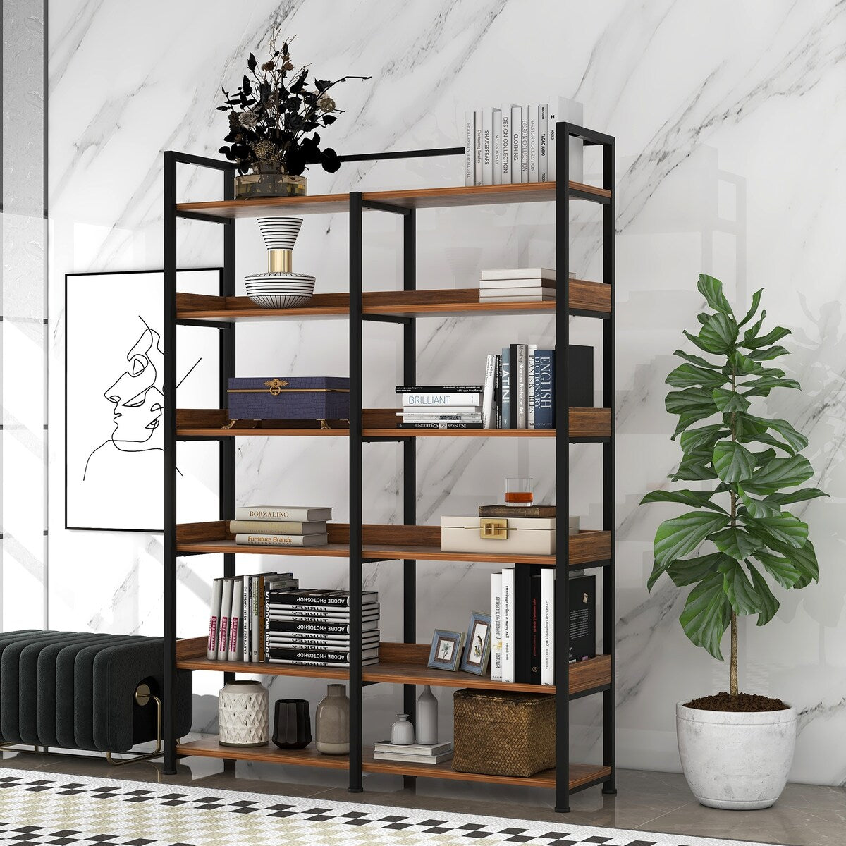 Black 70''H Tall Bookshelf 6-Tier Storage Open Shelves
