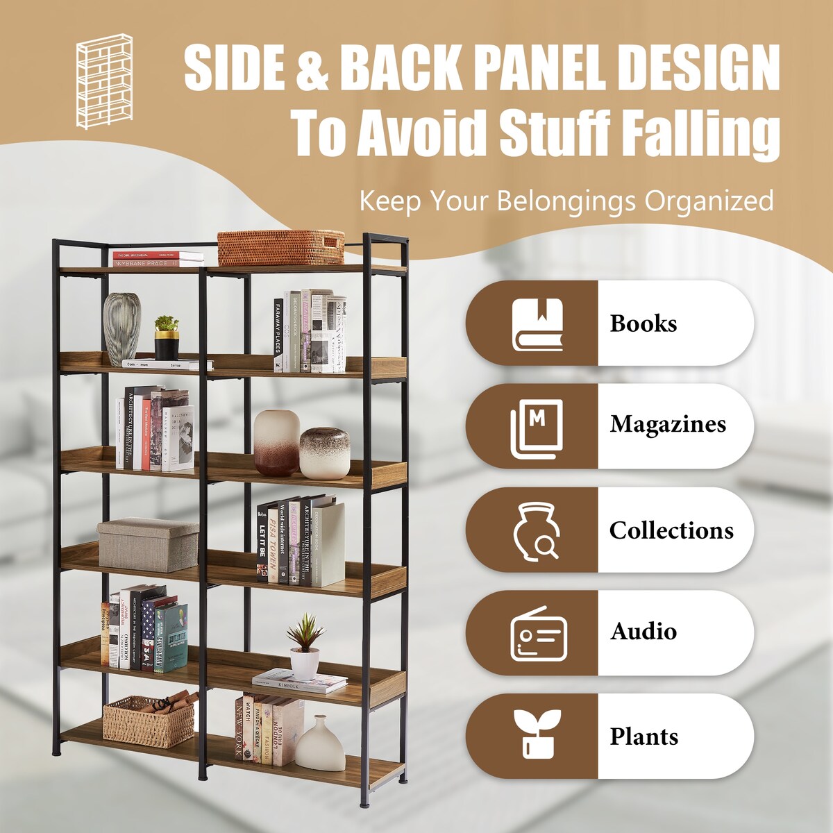Black 70''H Tall Bookshelf 6-Tier Storage Open Shelves