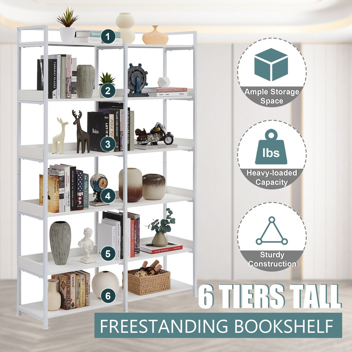 Black 70''H Tall Bookshelf 6-Tier Storage Open Shelves