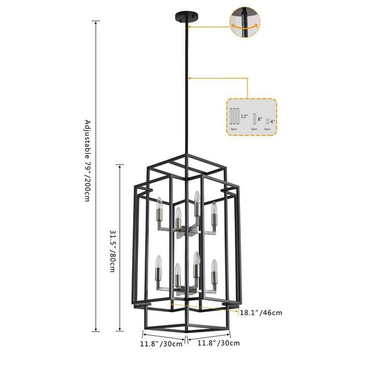 Black 8-Light Industrial Rectangle Pendant Sand Nickel Candle Style Hanging Lamp Iron Frame Chandelier