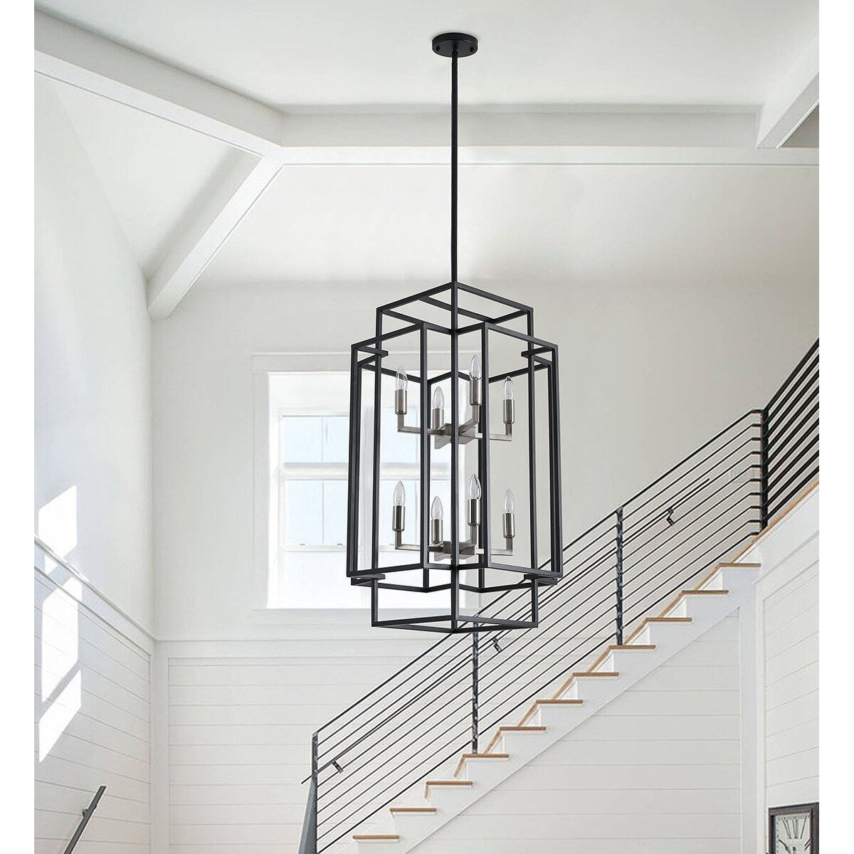 Black 8-Light Industrial Rectangle Pendant Sand Nickel Candle Style Hanging Lamp Iron Frame Chandelier