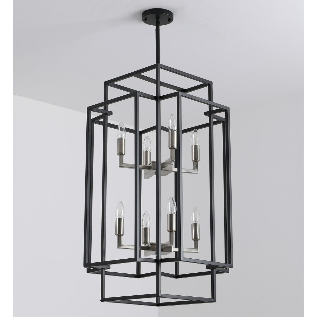 Black 8-Light Industrial Rectangle Pendant Sand Nickel Candle Style Hanging Lamp Iron Frame Chandelier