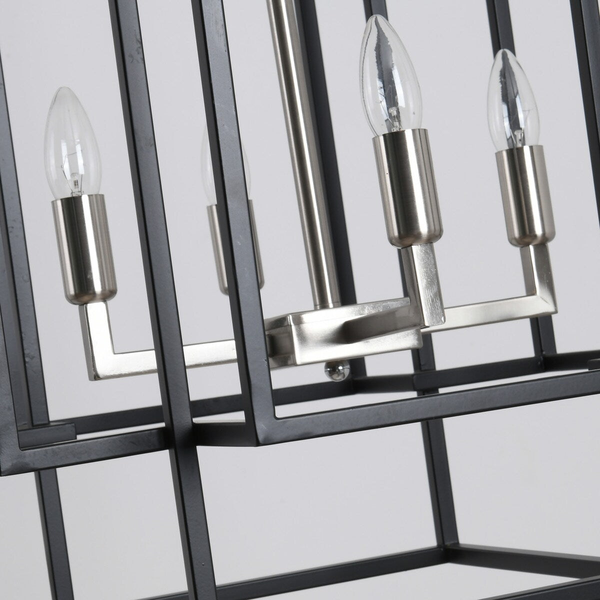 Black 8-Light Industrial Rectangle Pendant Sand Nickel Candle Style Hanging Lamp Iron Frame Chandelier