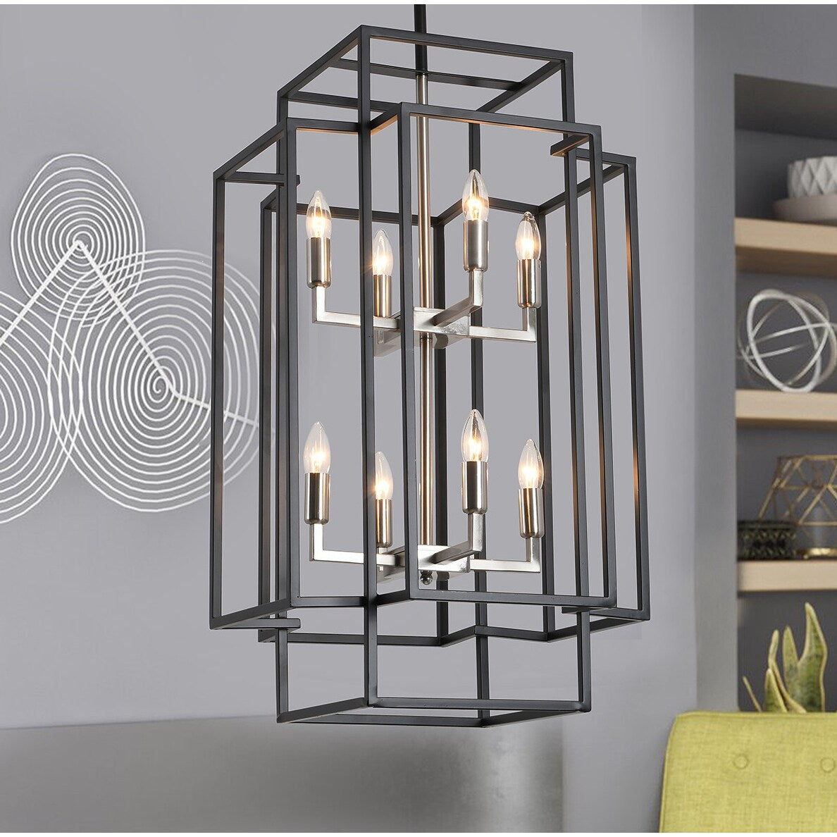 Black 8-Light Industrial Rectangle Pendant Sand Nickel Candle Style Hanging Lamp Iron Frame Chandelier