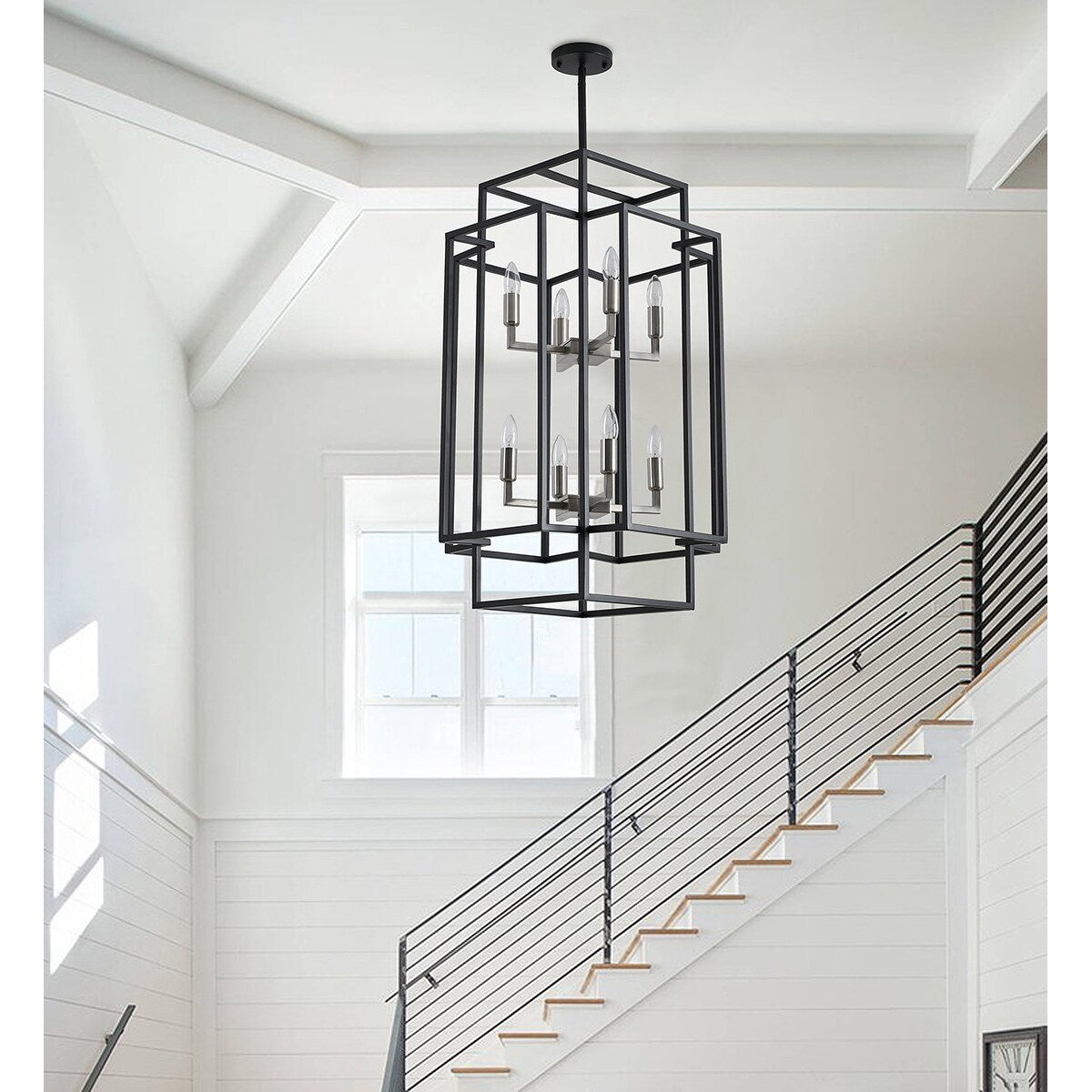 Black 8-Light Industrial Rectangle Pendant Sand Nickel Candle Style Hanging Lamp Iron Frame Chandelier