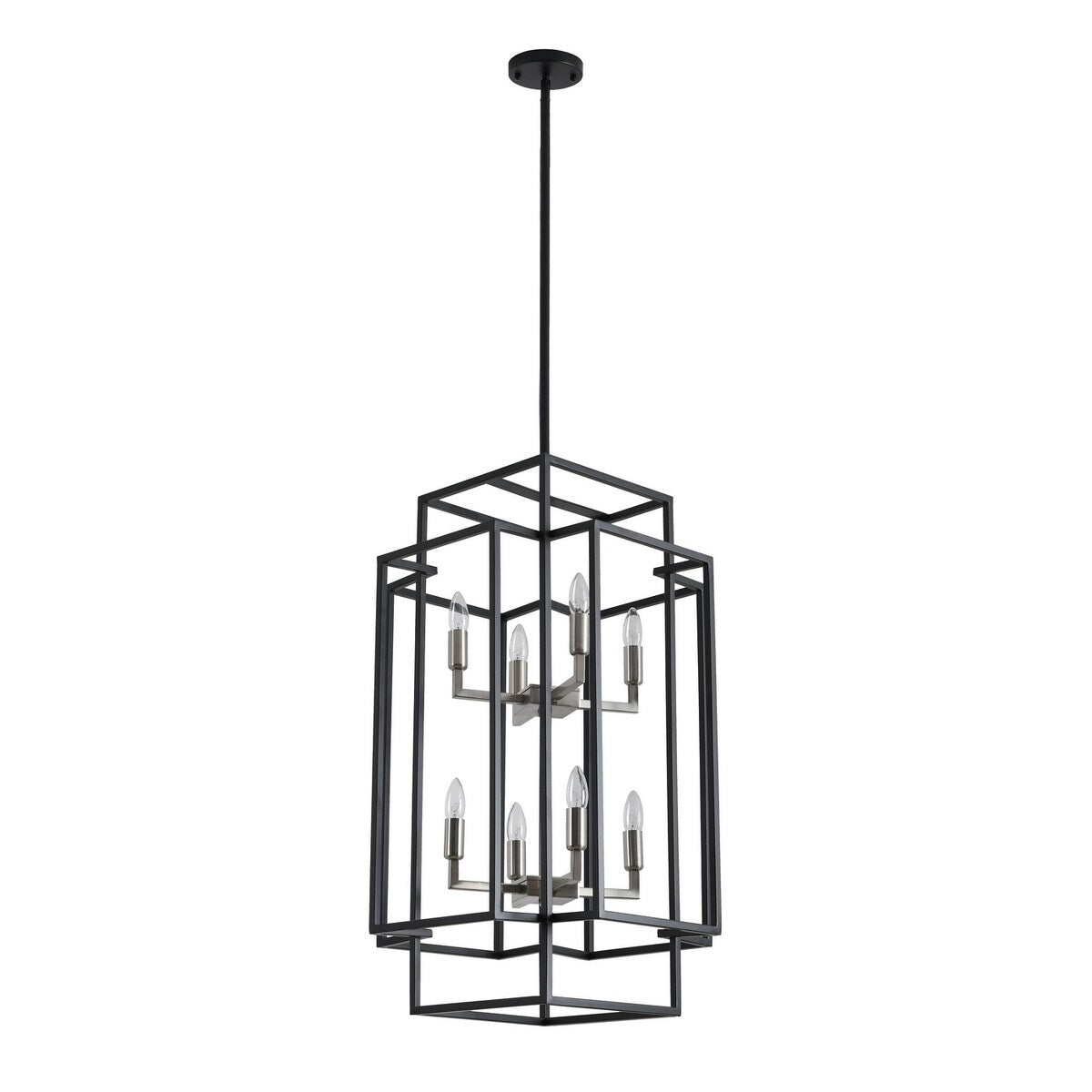 Black 8-Light Industrial Rectangle Pendant Sand Nickel Candle Style Hanging Lamp Iron Frame Chandelier