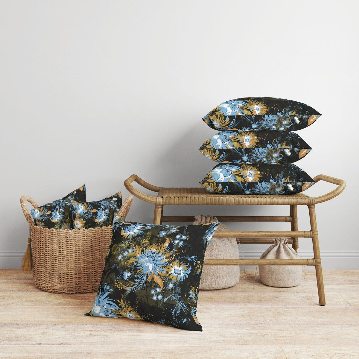 Black And Yellow Delightful Wildflowers Indoor/Outdoor Throw Pillow