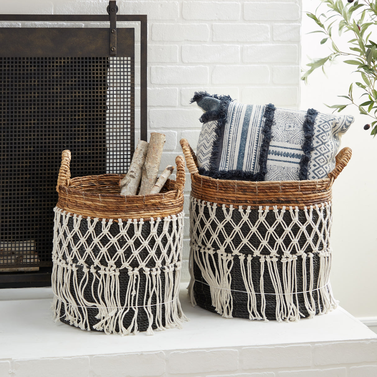 Black Banana Leaf Bohemian Storage Basket (Set of 2) - S/2 19", 18"H