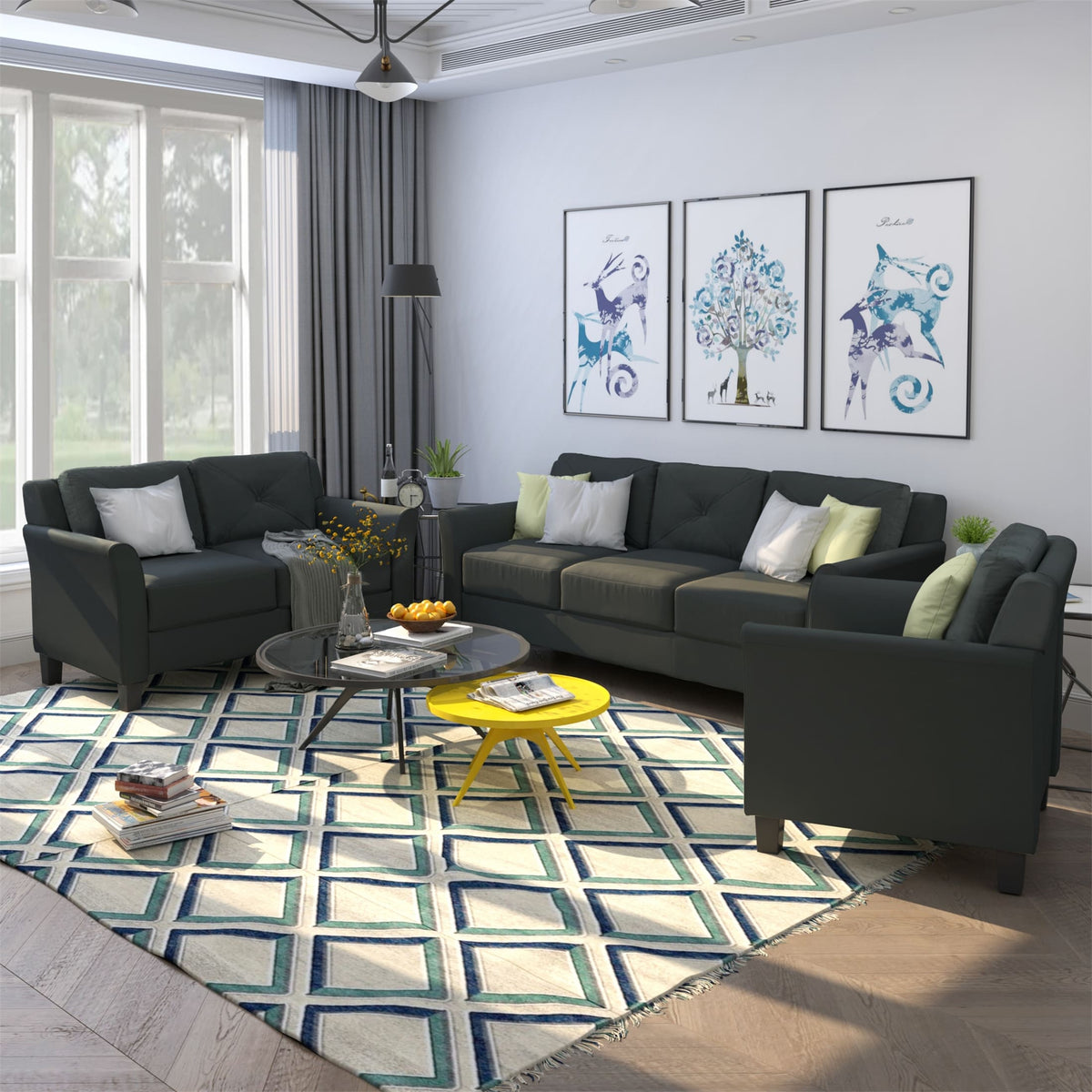 Black Button Tufted Sofa Set Chair Loveseat Sofa Set (Set of 3)