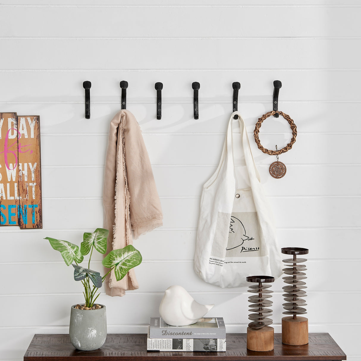 Black Cast Iron Raiway Spike Wall Mount Hook Set (Set of 6)