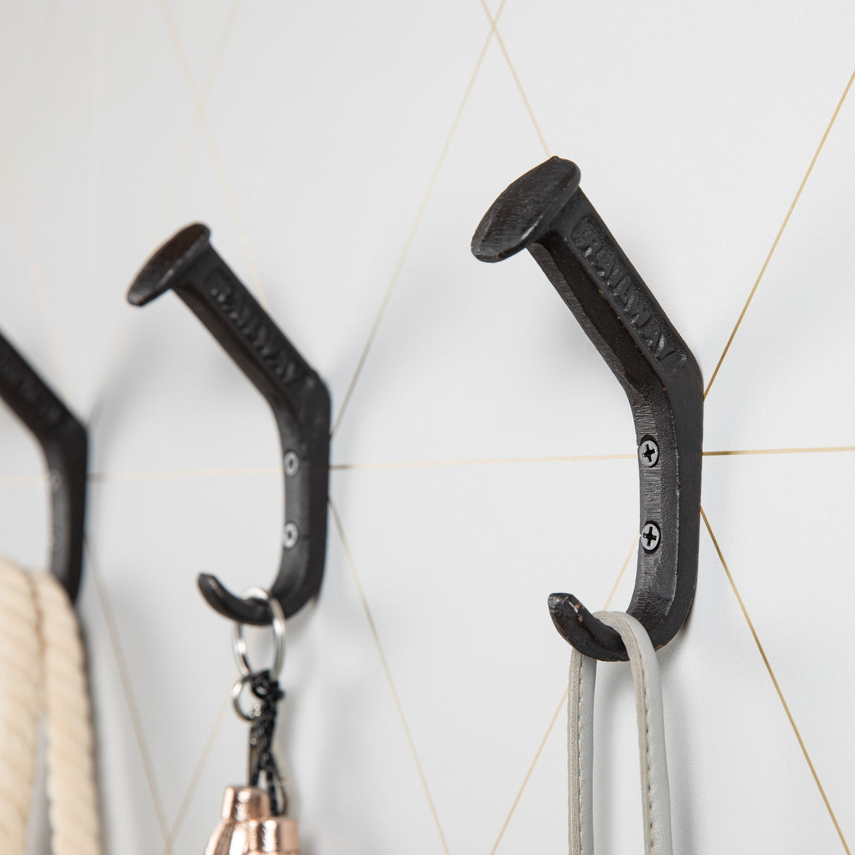 Black Cast Iron Raiway Spike Wall Mount Hook Set (Set of 6)