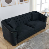 Black Classic 77" Velvet Chesterfield 3-Seater Sofa with Nailhead Trim