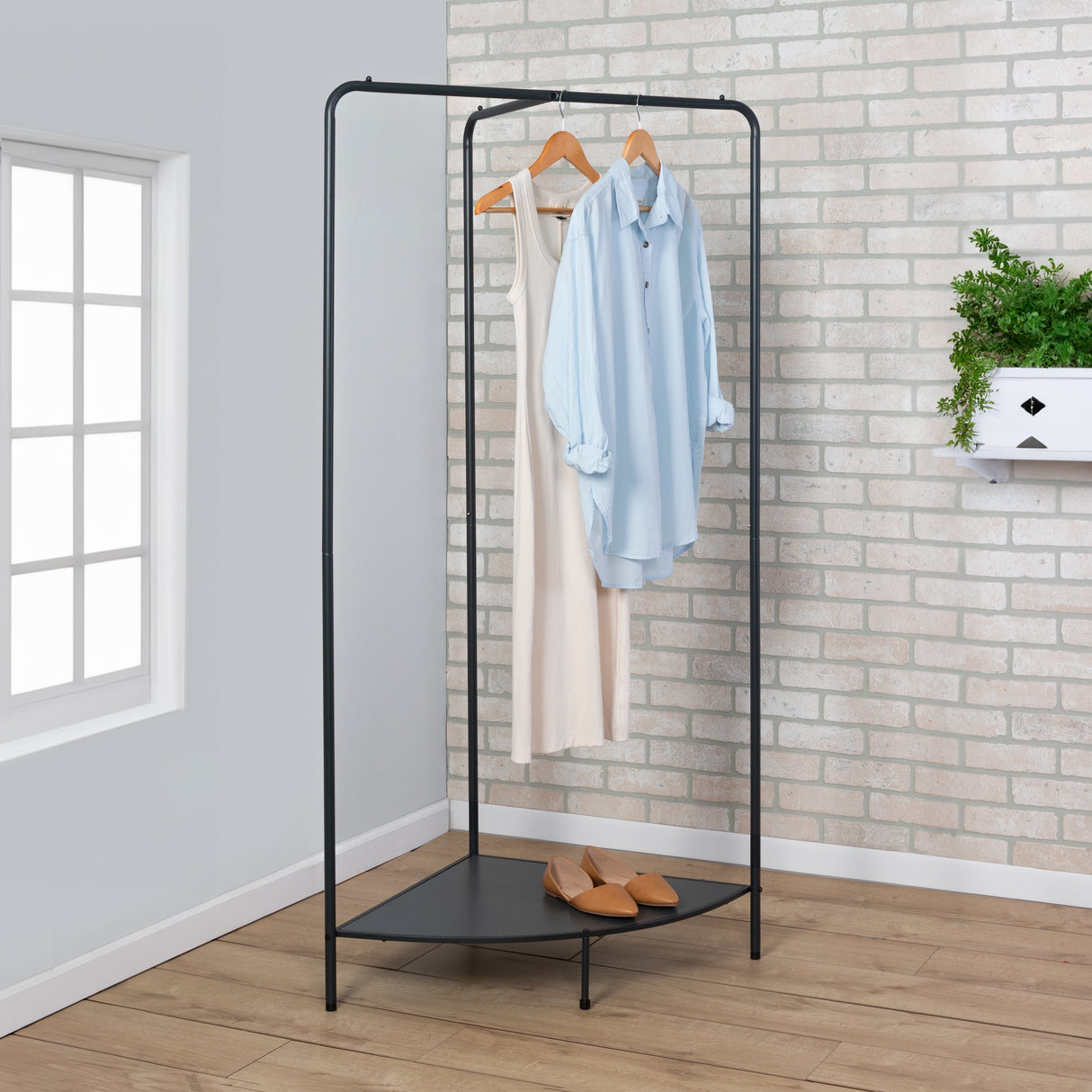 Honey-Can-Do Black/Dark Gray Corner Clothing Rack with Shoe Shelf