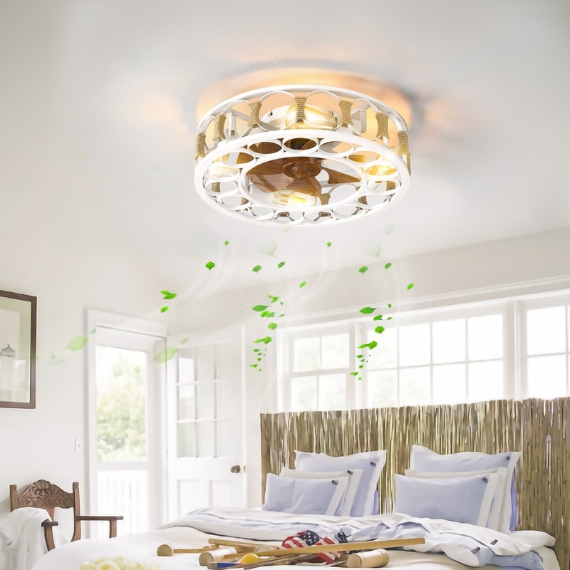 Black Drum Flush Mount Ceiling Fans with Remote Control,Reversible Airflow
