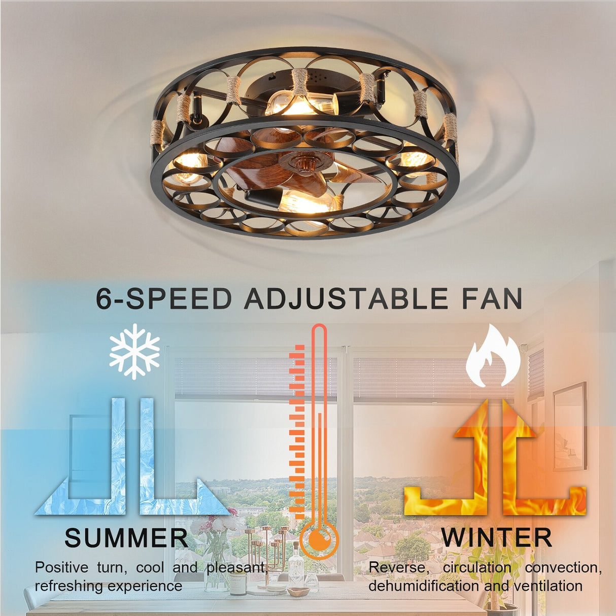 Black Drum Flush Mount Ceiling Fans with Remote Control,Reversible Airflow