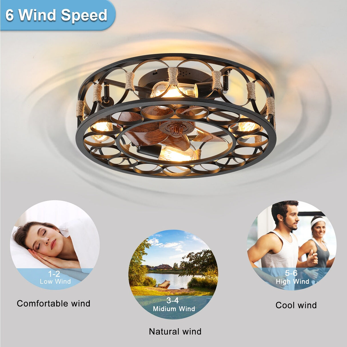 Black Drum Flush Mount Ceiling Fans with Remote Control,Reversible Airflow