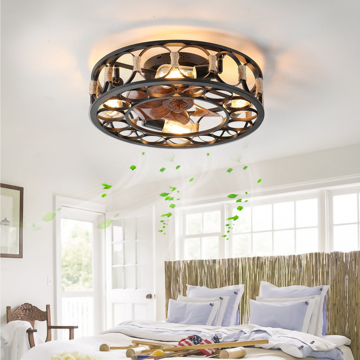 Black Drum Flush Mount Ceiling Fans with Remote Control,Reversible Airflow