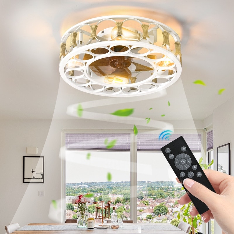 Black Drum Flush Mount Ceiling Fans with Remote Control,Reversible Airflow