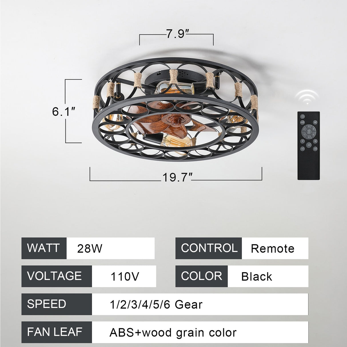 Black Drum Flush Mount Ceiling Fans with Remote Control,Reversible Airflow