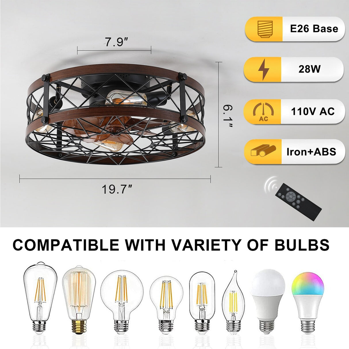 Black Drum Flush Mount Ceiling Fans with Remote Control,Reversible Airflow