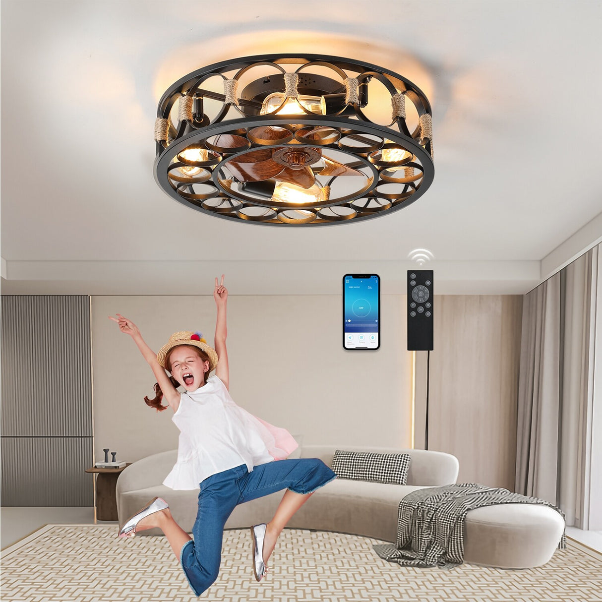 Black Drum Flush Mount Ceiling Fans with Remote Control,Reversible Airflow
