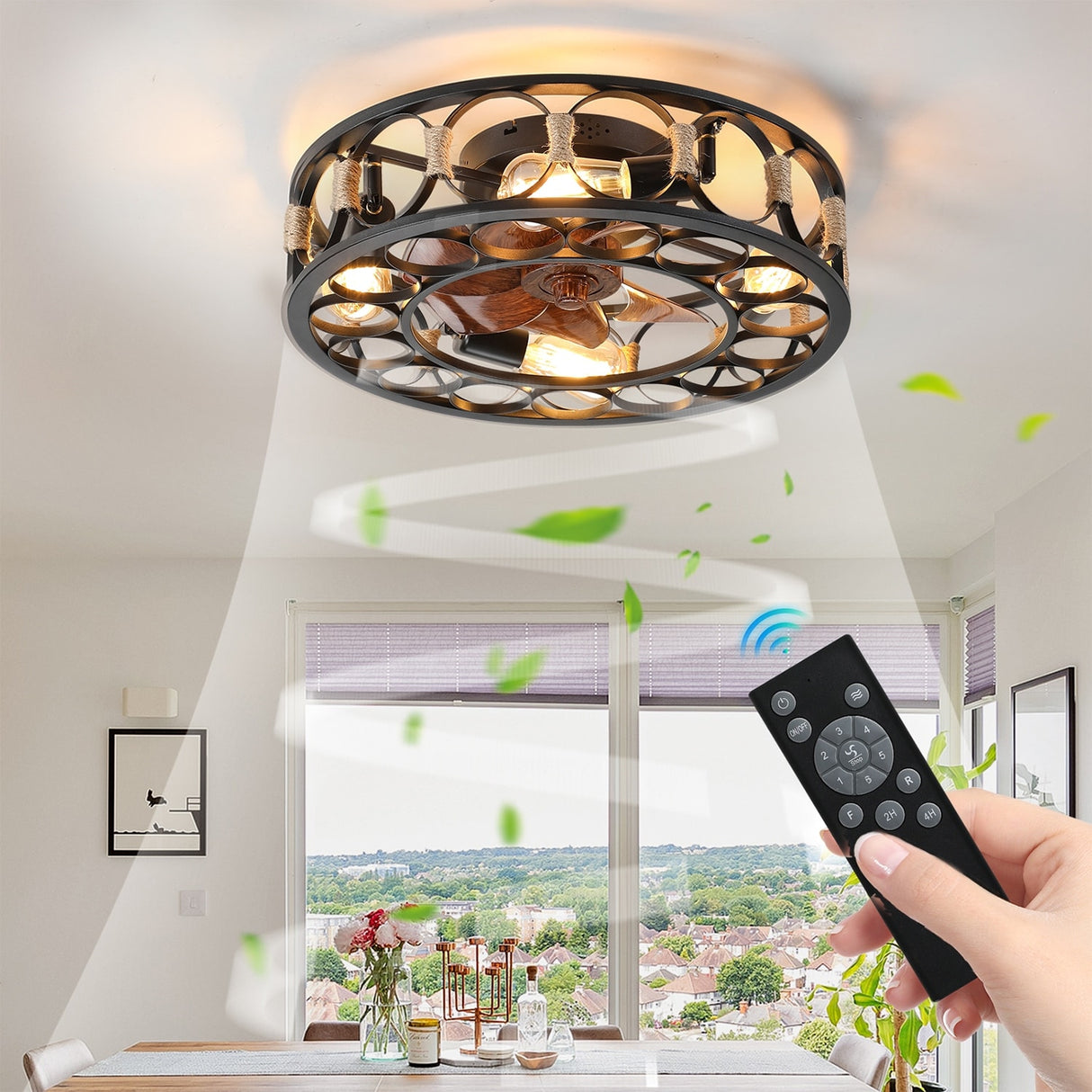 Black Drum Flush Mount Ceiling Fans with Remote Control,Reversible Airflow