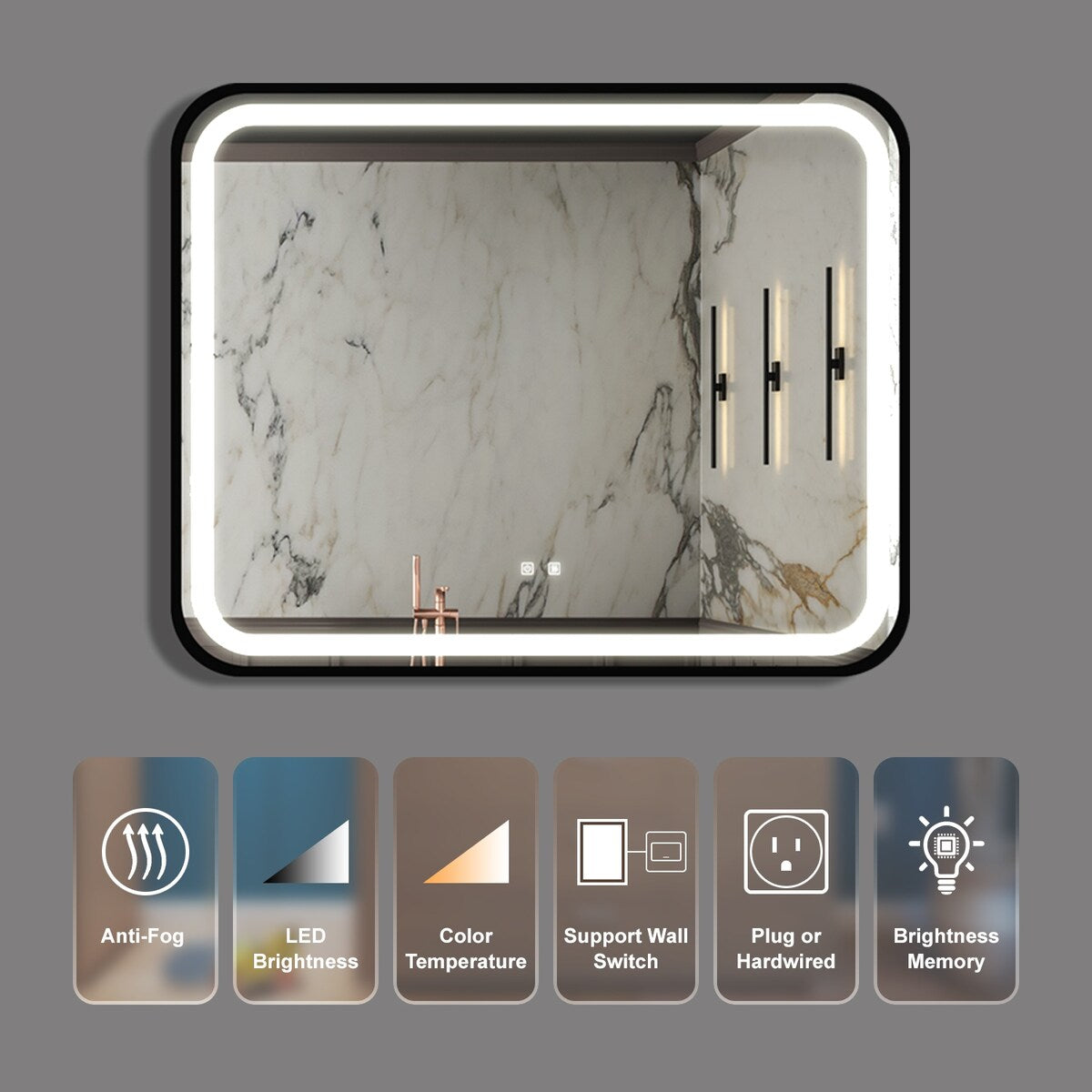 Black Framed Anti-Fog Led Light Bathroom Vanity Mirror with Brightness Adjustment,Dimmable Touch,Wall Switch Control