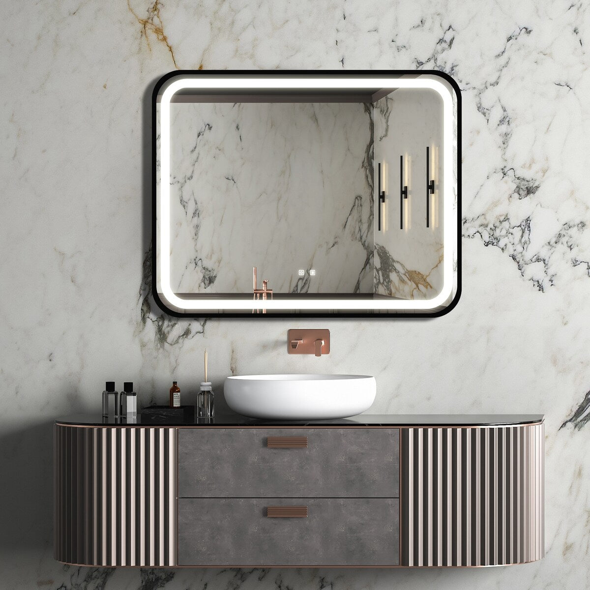 Black Framed Anti-Fog Led Light Bathroom Vanity Mirror with Brightness Adjustment,Dimmable Touch,Wall Switch Control
