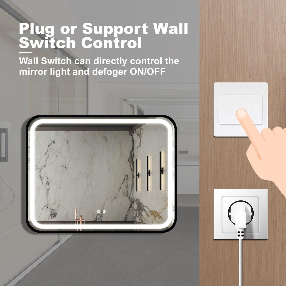 Black Framed Anti-Fog Led Light Bathroom Vanity Mirror with Brightness Adjustment,Dimmable Touch,Wall Switch Control