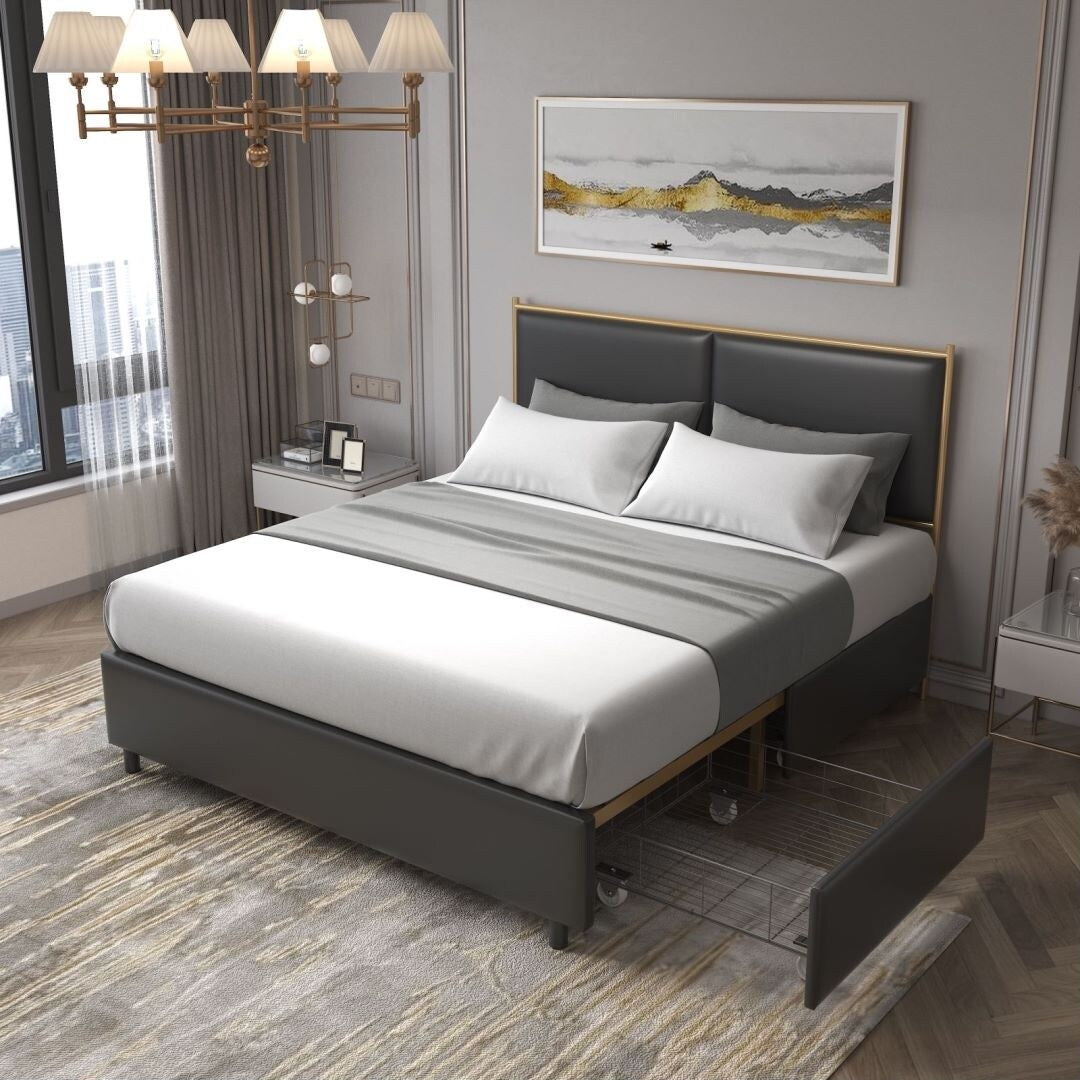 Black Full-size Metal Bed with Steamed Bread Shaped Backrest