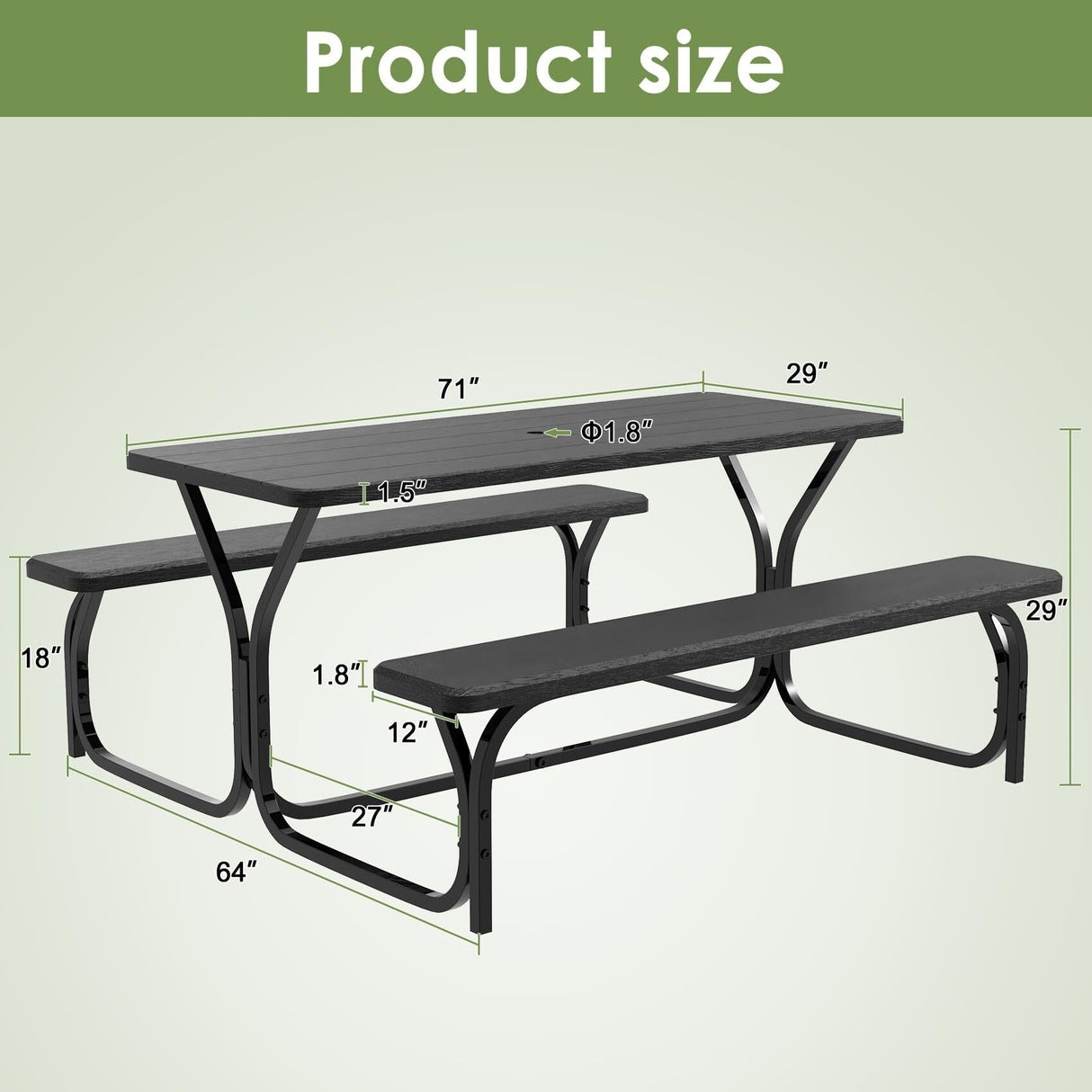 Black Picnic Table, 6ft Outdoor Picnic Table Bench Set with Picnic Table Cover & Umbrella Hole