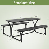 Black Picnic Table, 6ft Outdoor Picnic Table Bench Set with Picnic Table Cover & Umbrella Hole