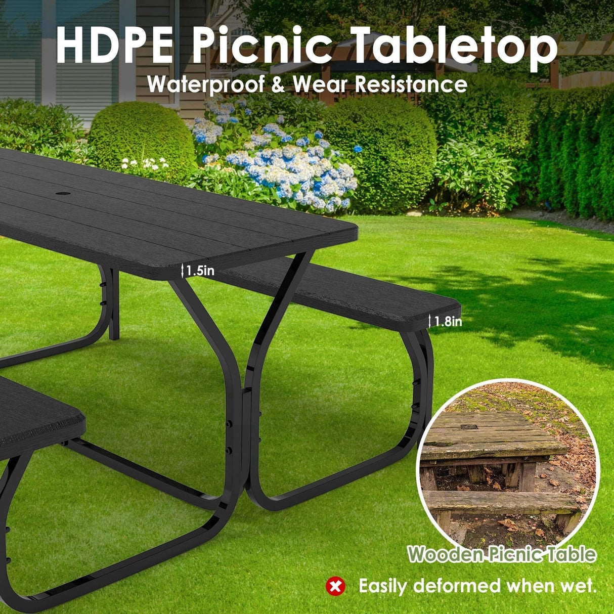 Black Picnic Table, 6ft Outdoor Picnic Table Bench Set with Picnic Table Cover & Umbrella Hole