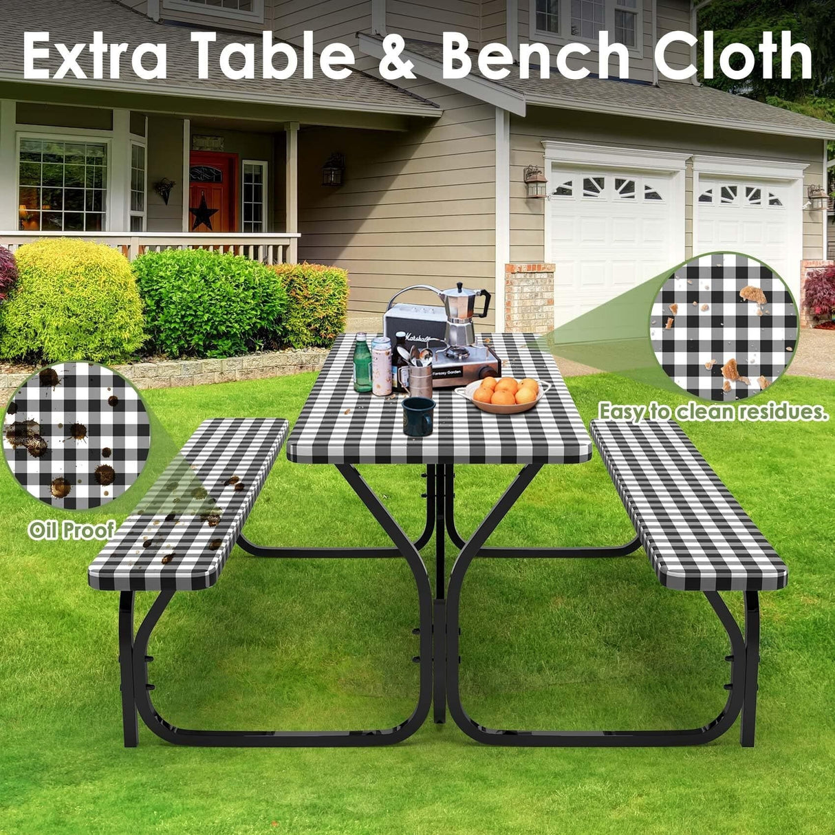 Black Picnic Table, 6ft Outdoor Picnic Table Bench Set with Picnic Table Cover & Umbrella Hole
