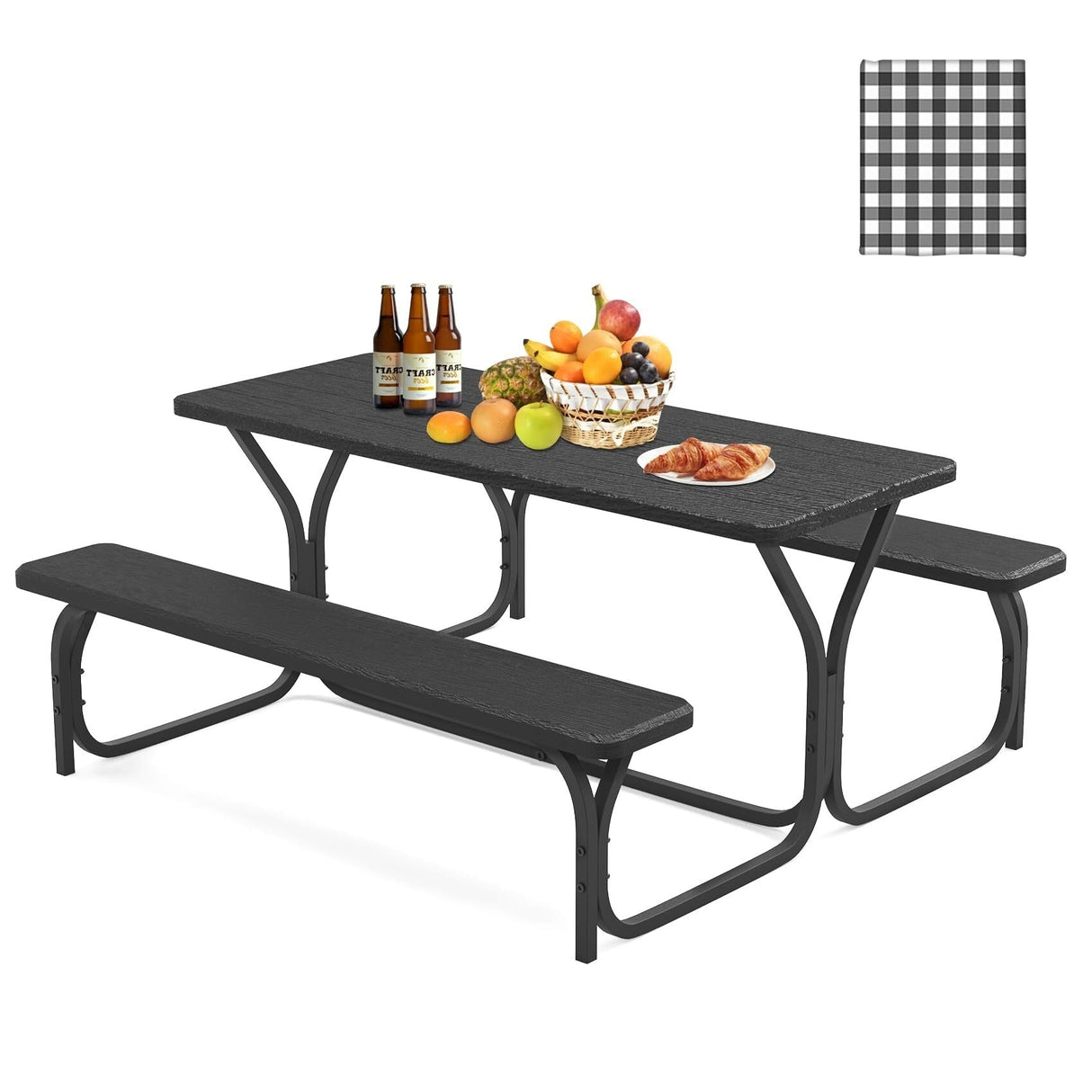 Black Picnic Table, 6ft Outdoor Picnic Table Bench Set with Picnic Table Cover & Umbrella Hole