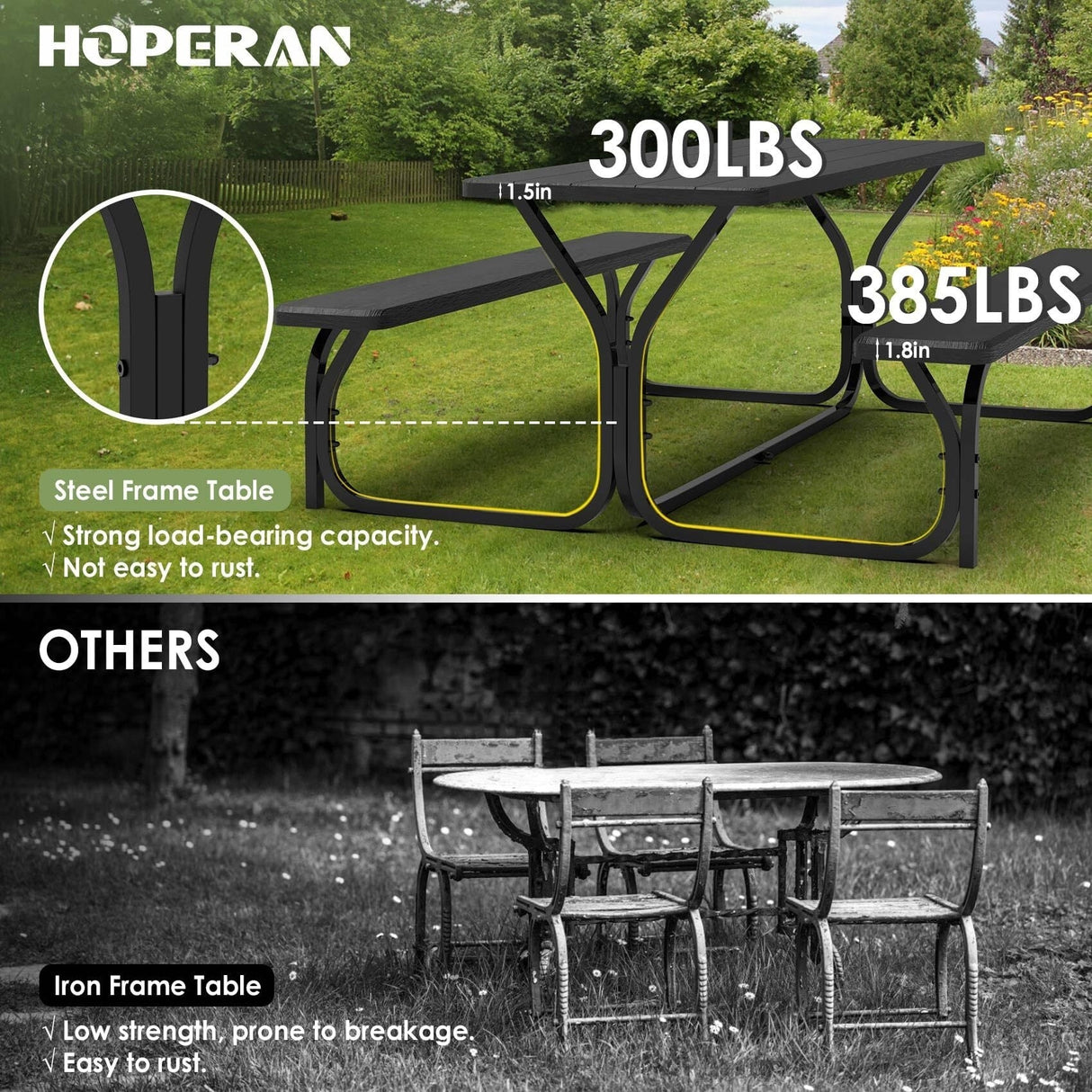 Black Picnic Table, 6ft Outdoor Picnic Table Bench Set with Picnic Table Cover & Umbrella Hole