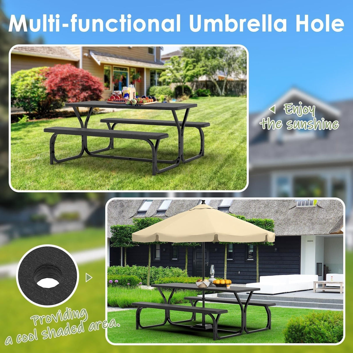 Black Picnic Table, 6ft Outdoor Picnic Table Bench Set with Picnic Table Cover & Umbrella Hole