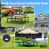 Black Picnic Table, 6ft Outdoor Picnic Table Bench Set with Picnic Table Cover & Umbrella Hole