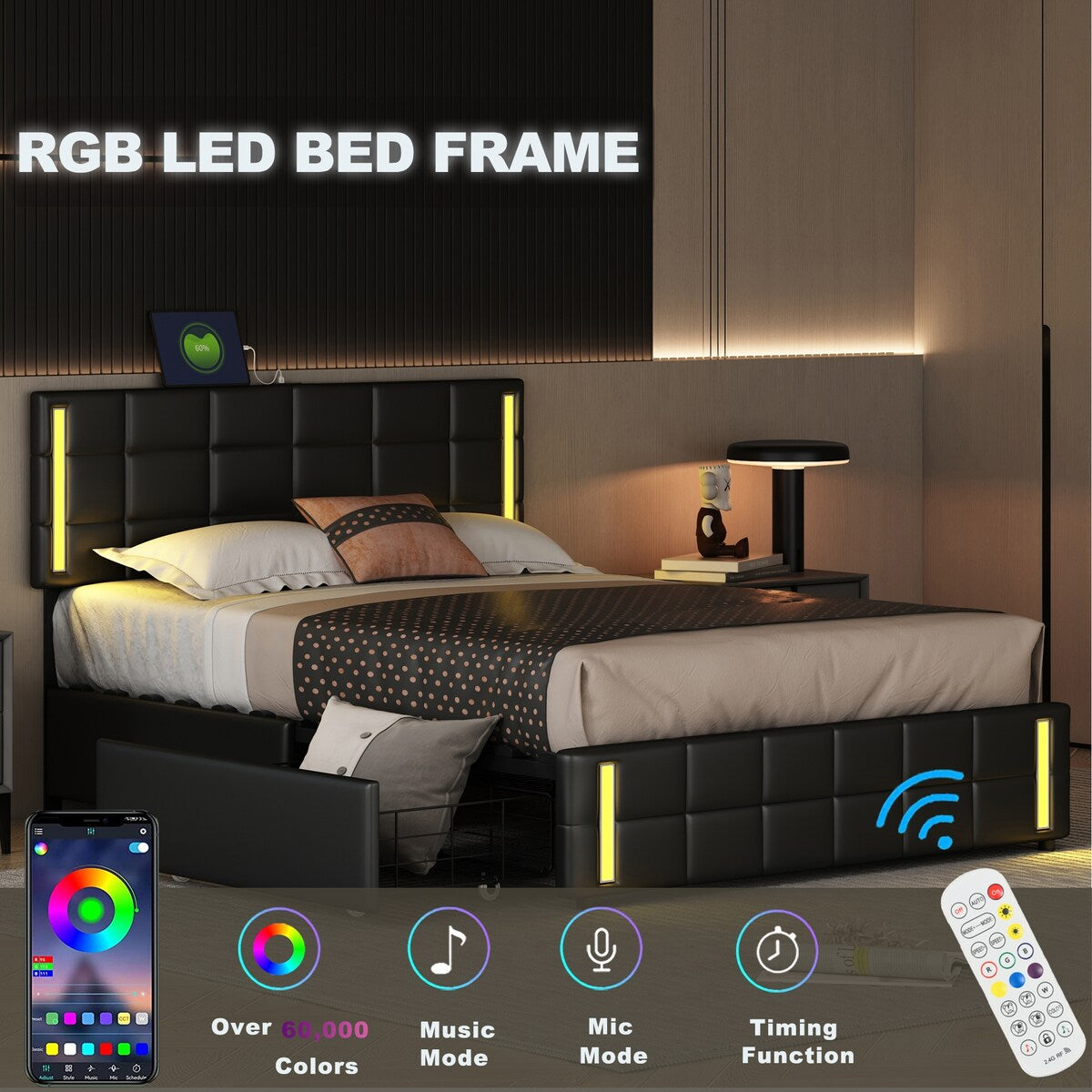 Black Pu Smart Led Queen Platform Bed: Storage, Usb Ports