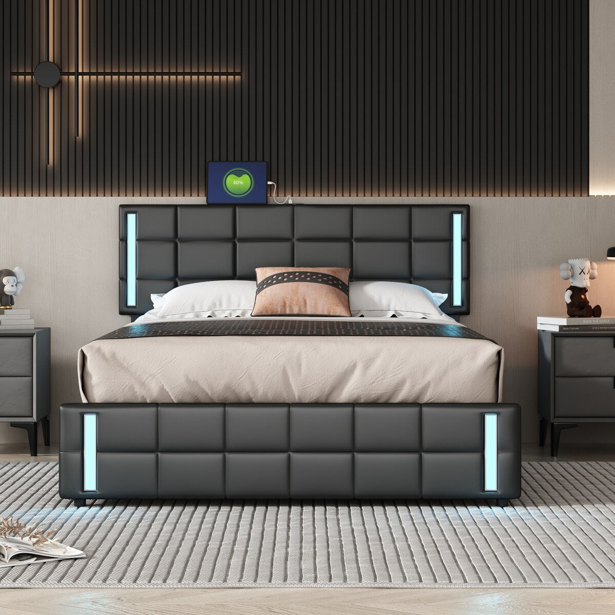 Black Pu Smart Led Queen Platform Bed: Storage, Usb Ports