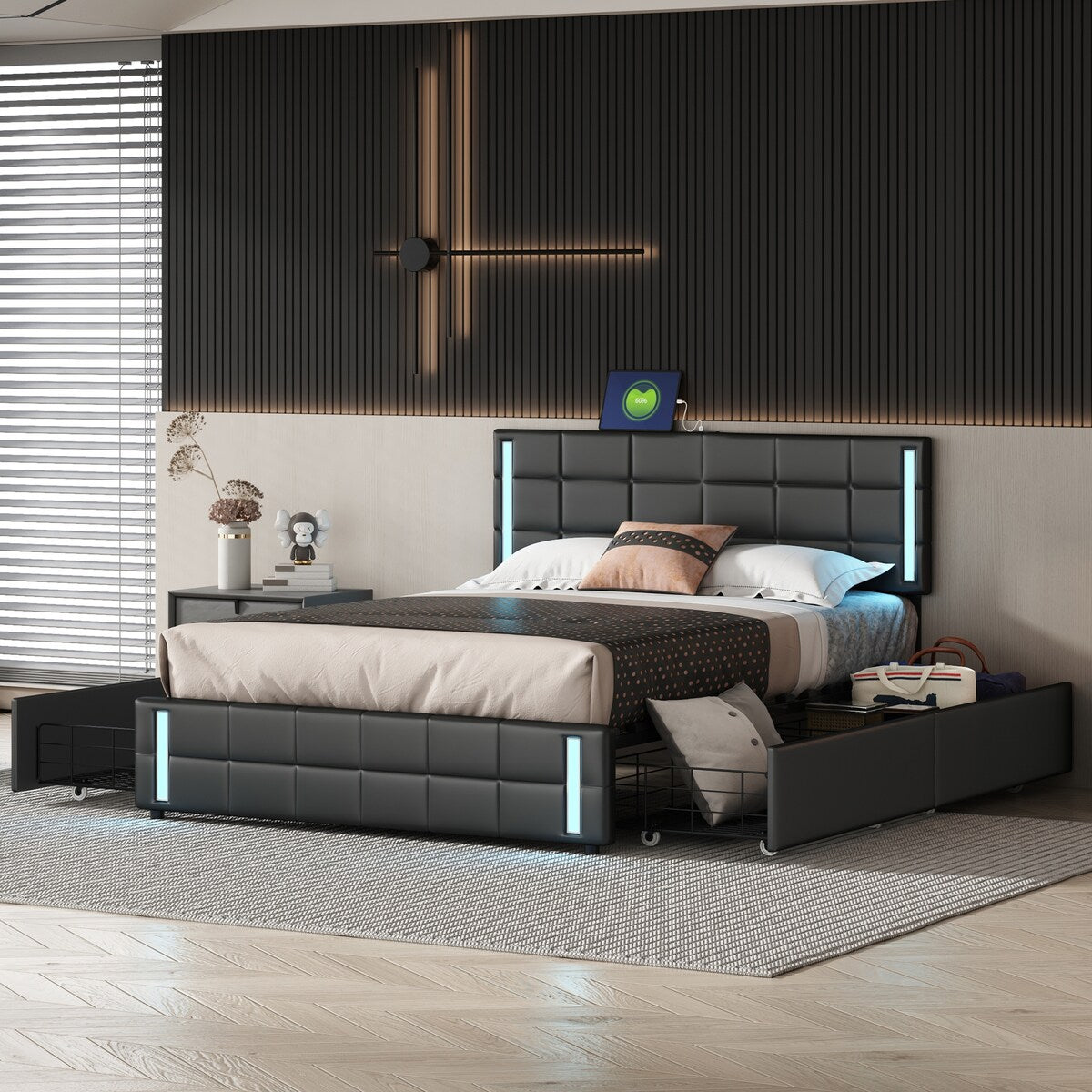 Black Pu Smart Led Queen Platform Bed: Storage, Usb Ports