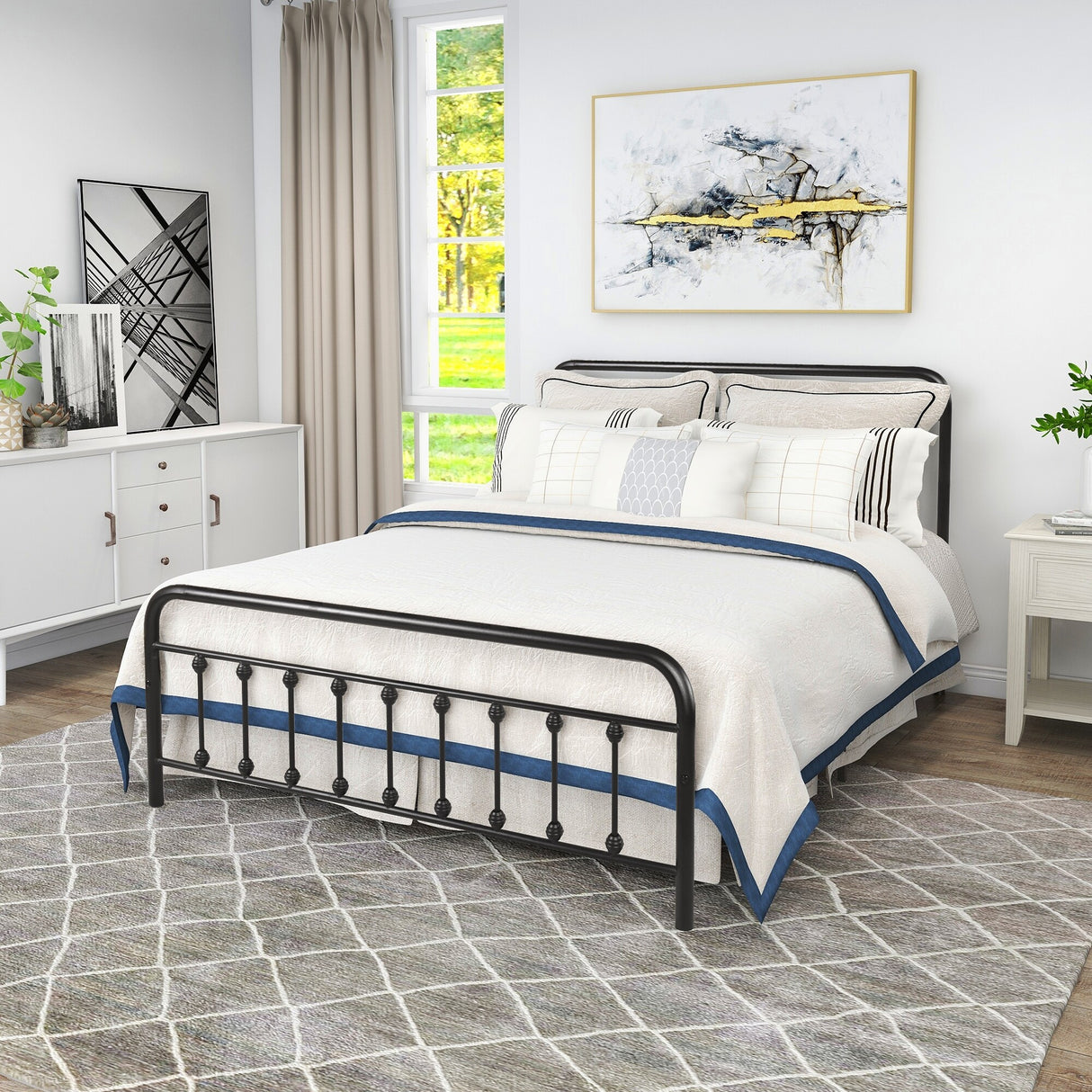 Black Queen Size Metal Bed Frame with Vintage Headboard and Footboard