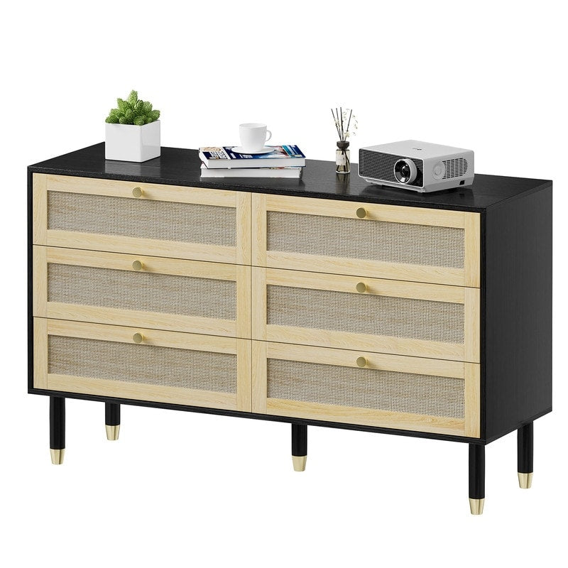 Black Rattan Dresser 6 Drawers Wicker Drawer Chest